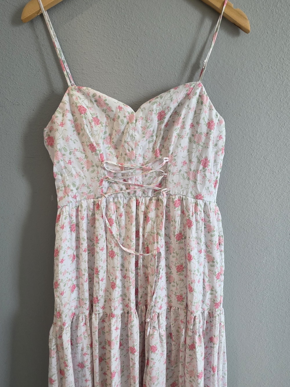 Floral Lace-Up Spaghetti Strap Maxi Dress - Pink Floral size Med